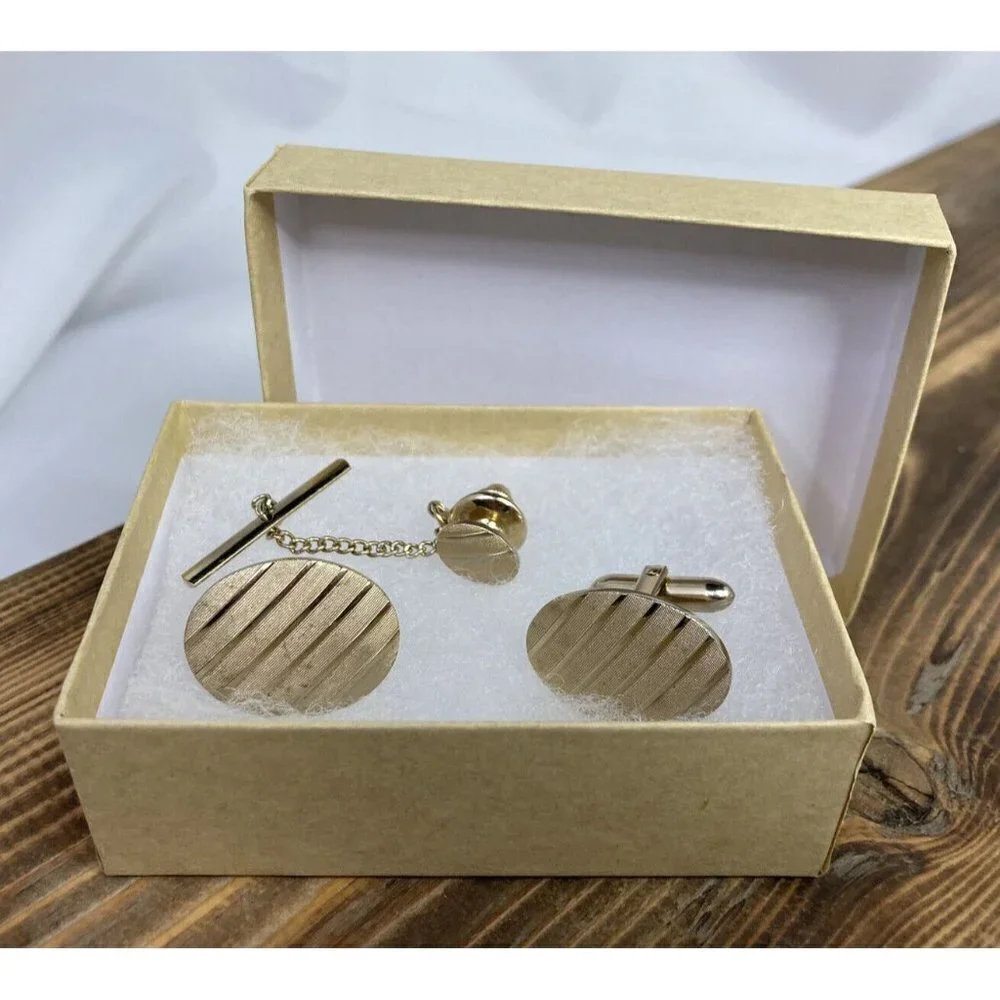 Vintage Retro 60’s Men’s Gold Striped Oval Cufflinks & Tie Pin Set Gift
